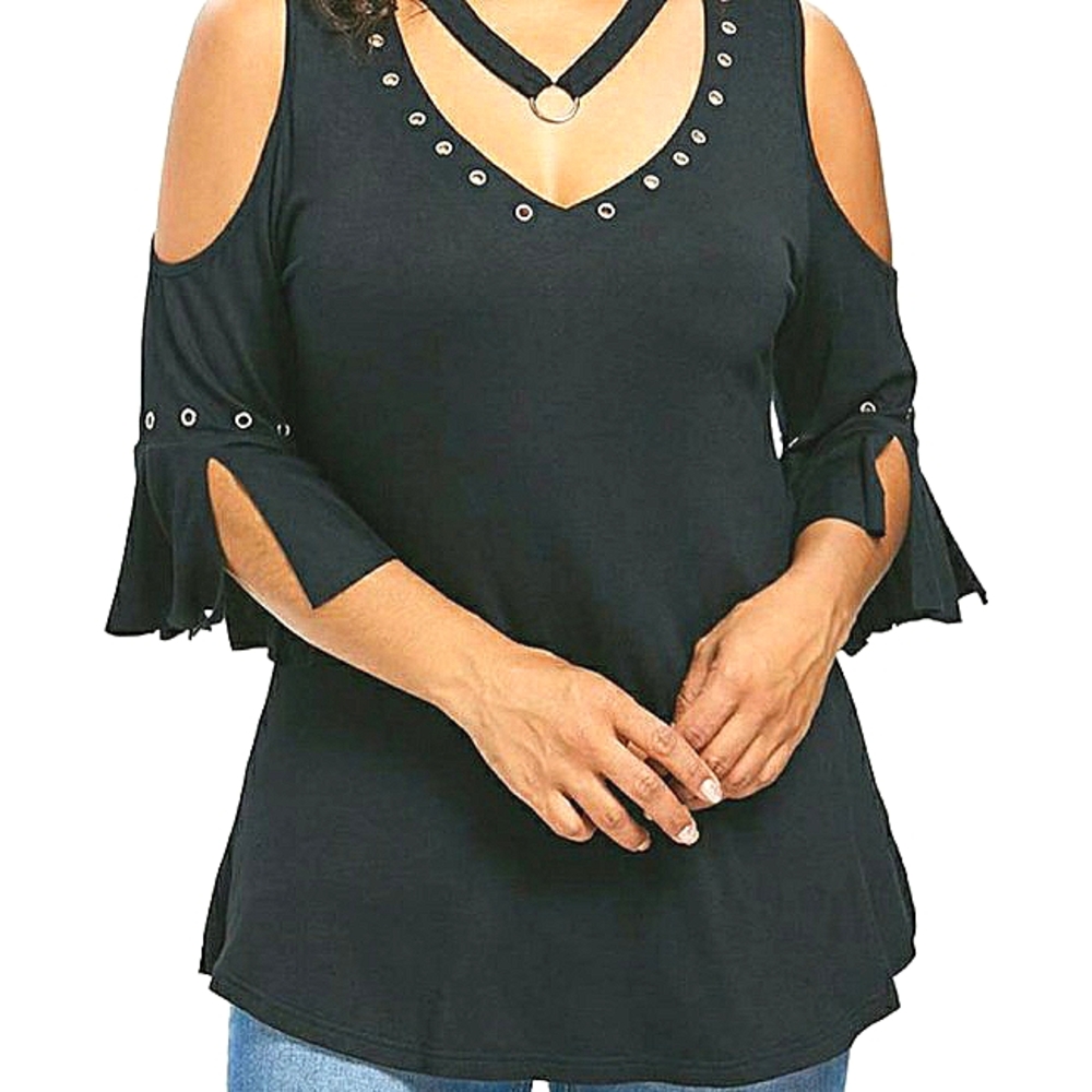 Last 1 NWT~ROSEGAL~Plus Size~Sexy Curvy Cold shoulder Rivet choker blouse. SO N…